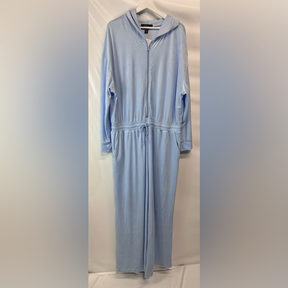 Forever 21 Plus Baby Blue Velour Jumper Romper Hoodie w Pockets NEW 0X-2X